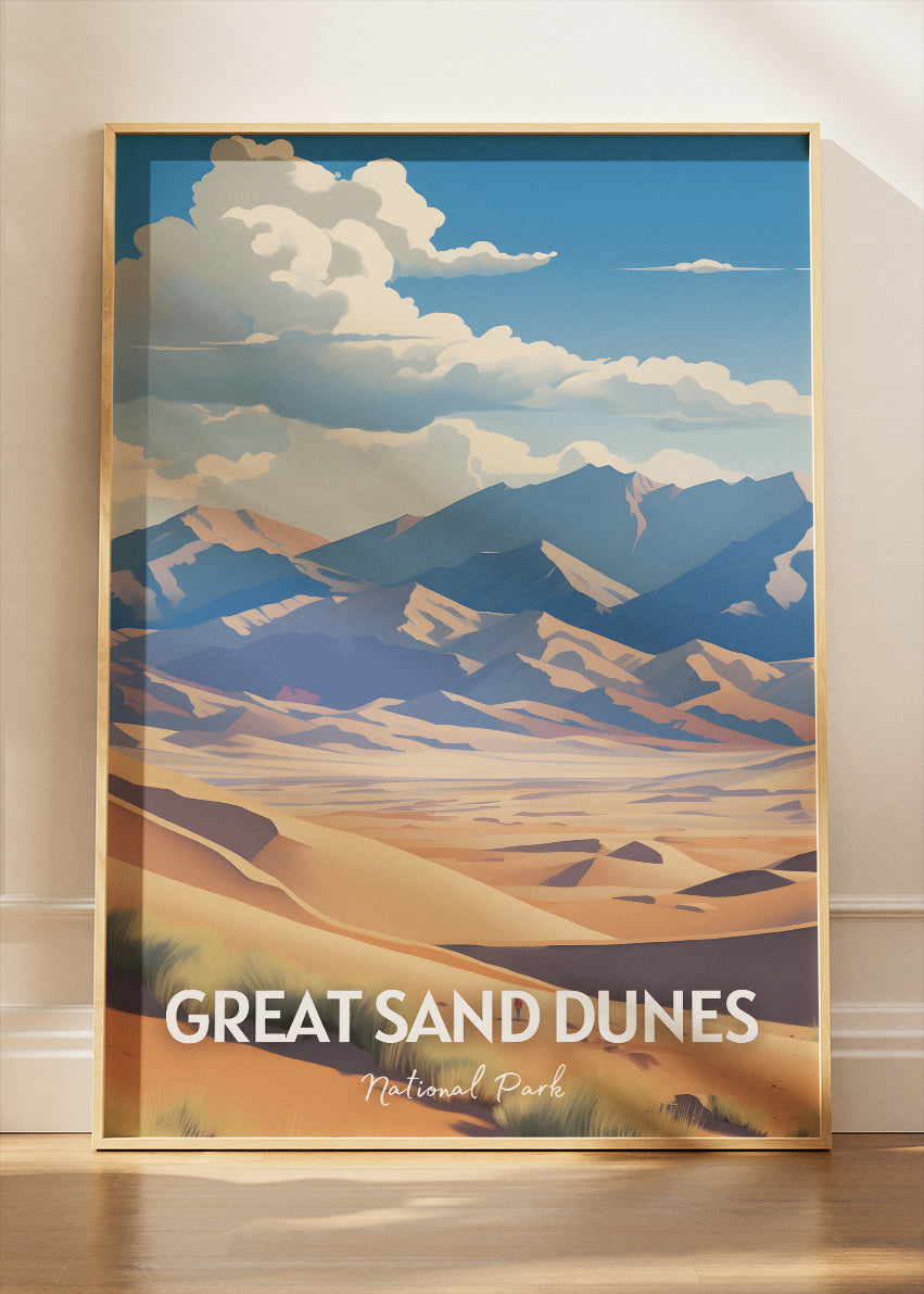 Great Sand Dunes National Park Travel Poster & Canvas Wall Art – Desert Landscape Illustration Print