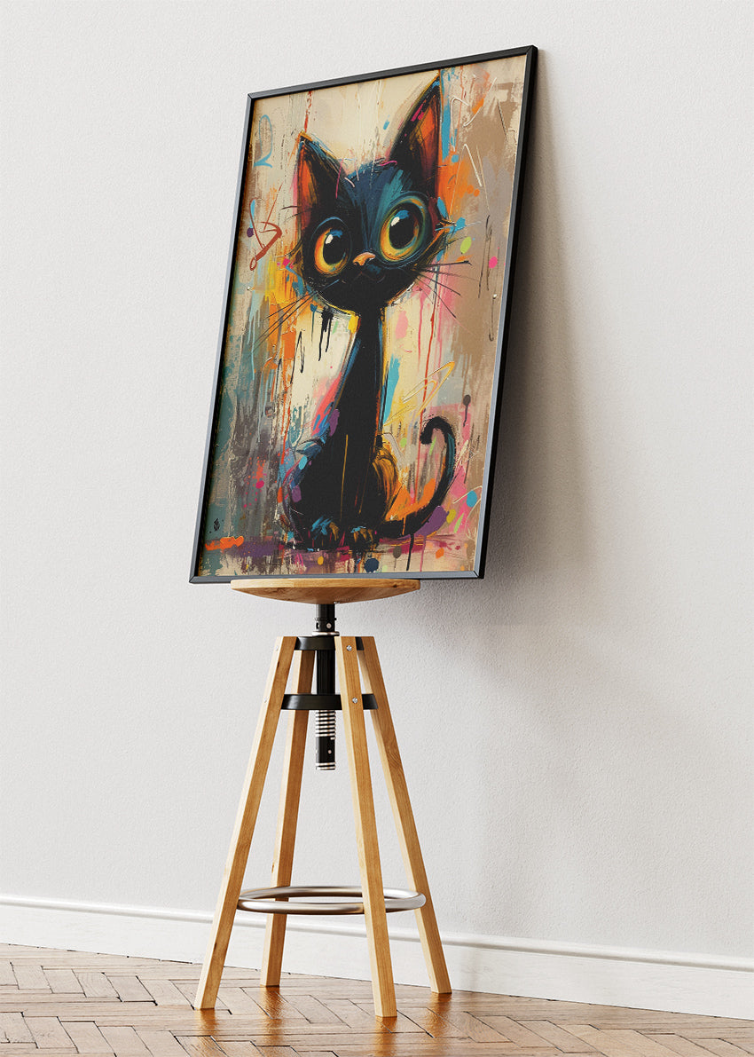 Cute Black Cat Canvas Print & Poster – Colorful Modern Animal Wall Art