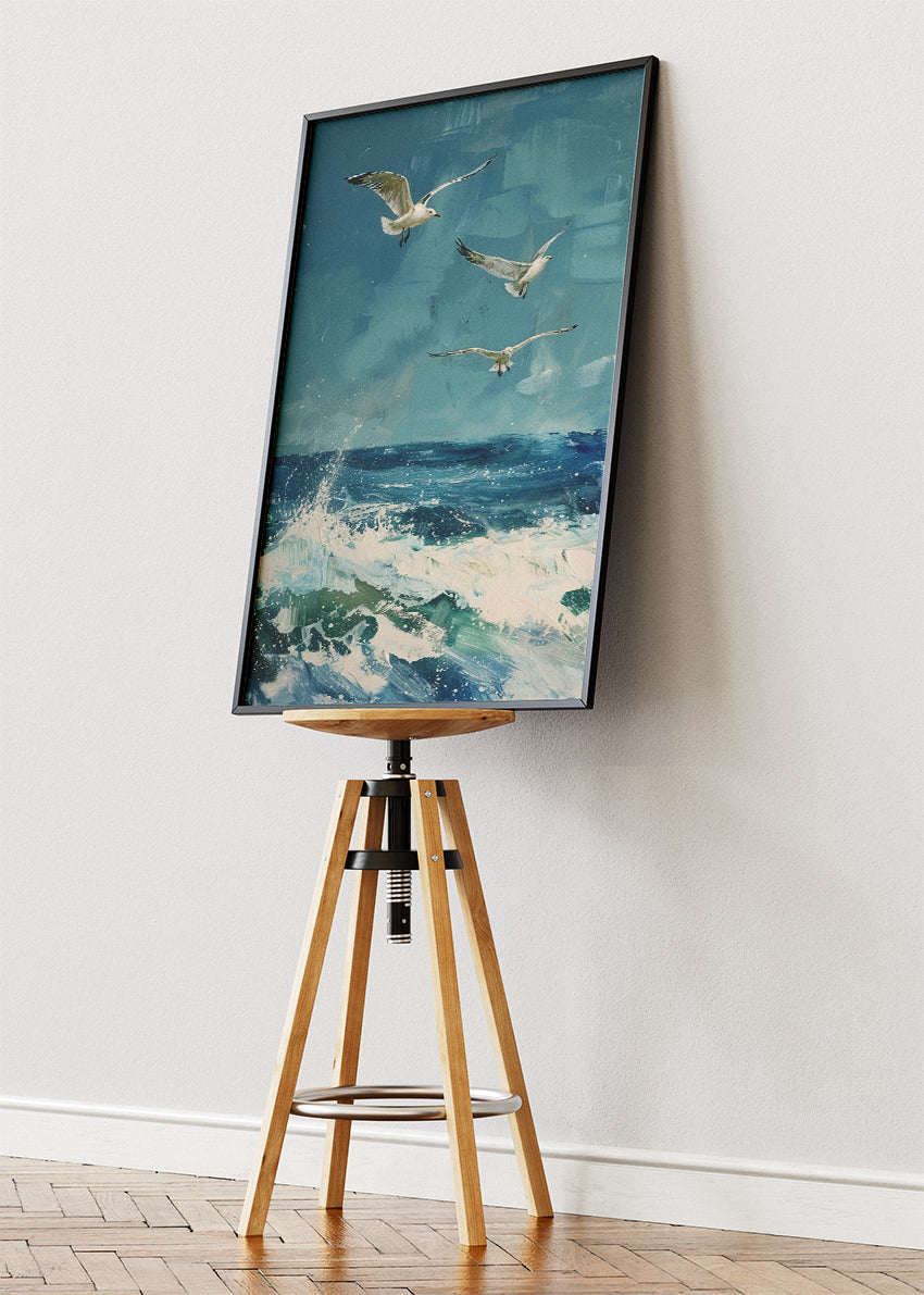 Seagulls Over Ocean Canvas Print & Poster – Coastal Sea Wall Art