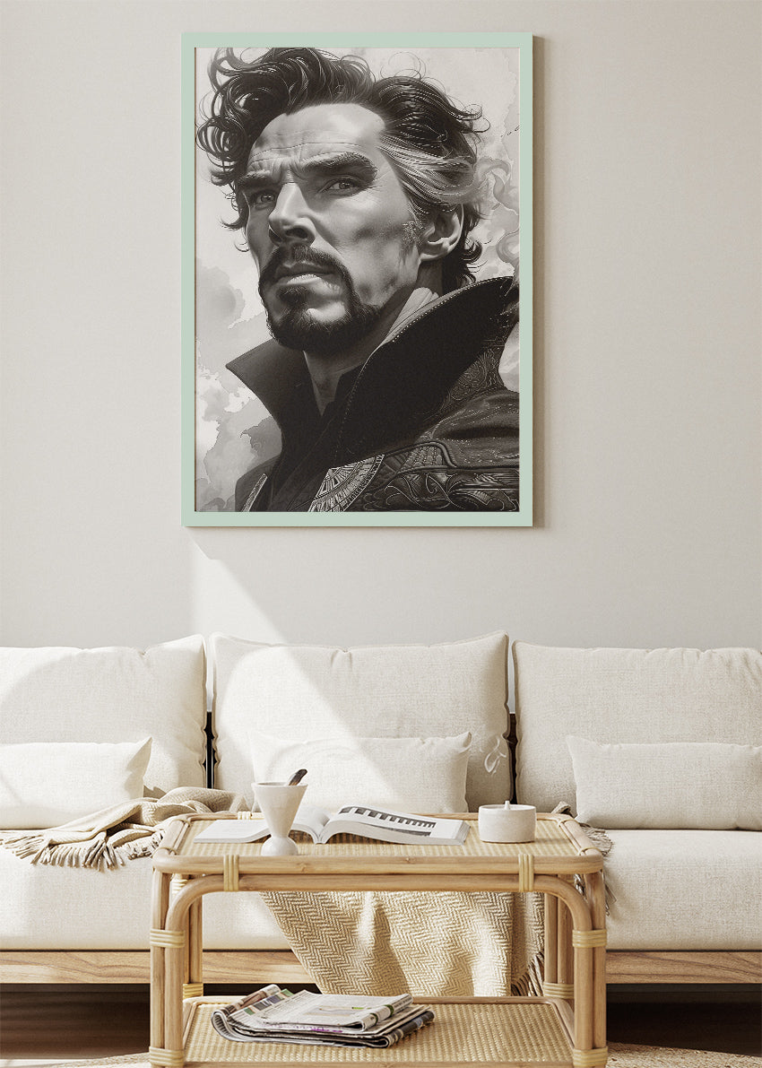 Doctor Strange – Monochrome Mystic Portrait Canvas & Poster Print – AI PRINT LAB