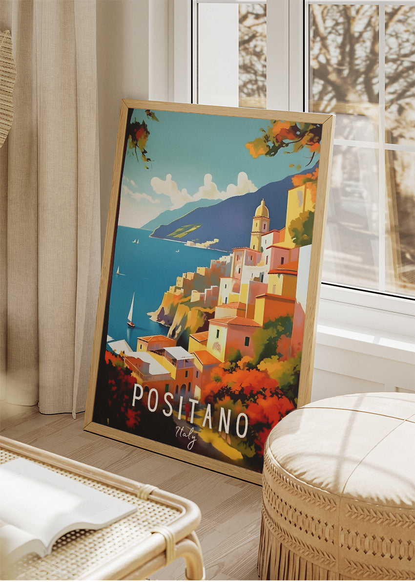 Positano Italy Coastline Poster & Canvas Print – Illustrated Amalfi Cliffside Art