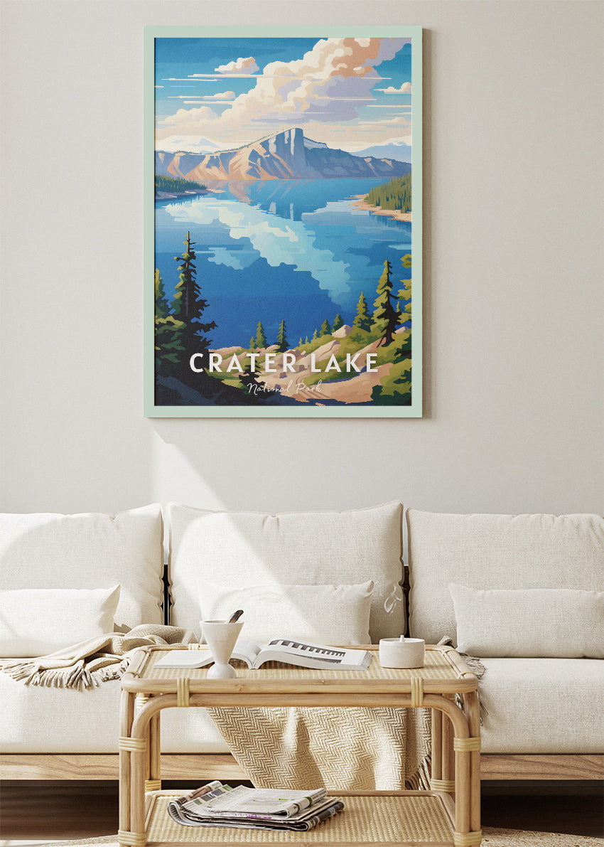 Crater Lake National Park Poster & Canvas Print – Illustrated Scenic Lake & Mountain Wall Art