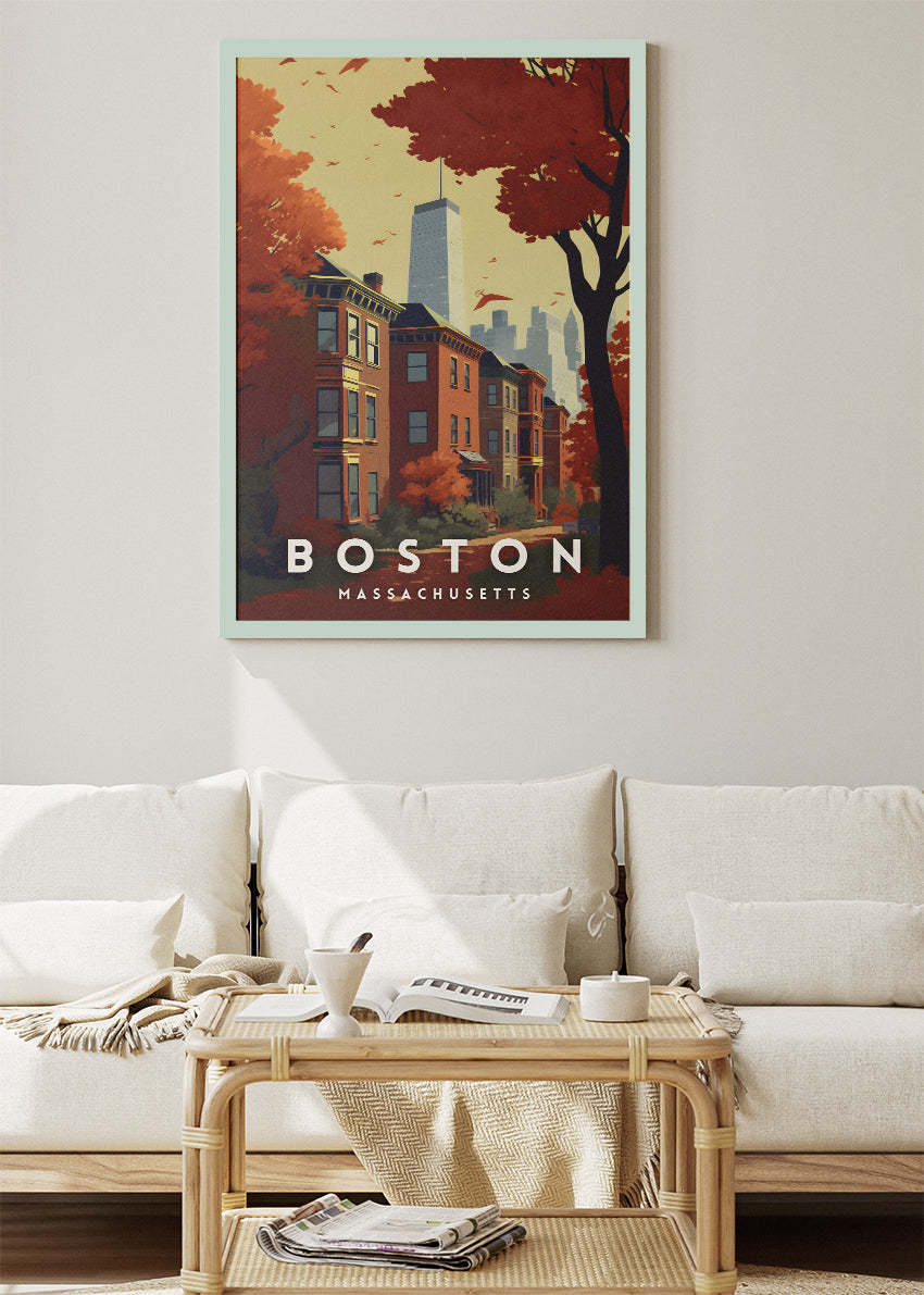 Boston Massachusetts Poster & Canvas Print – Autumn Red Cityscape Illustration