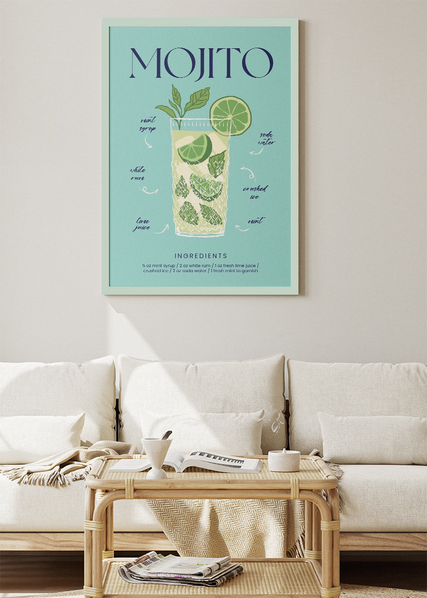 Mojito Classic Cocktail Recipe Poster & Canvas Print | Fresh Tropical Bar Wall Art