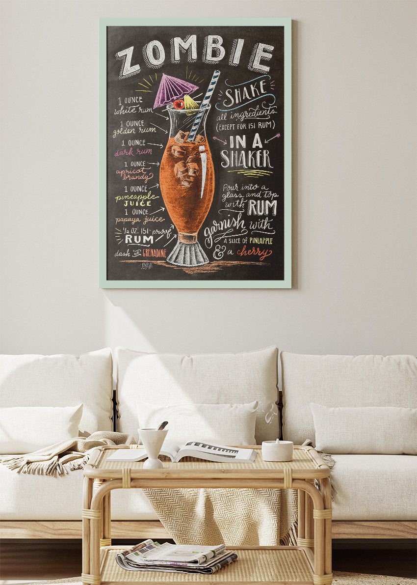 Zombie Vintage Cocktail Recipe Poster & Canvas Print | Chalkboard Tiki Bar Wall Art