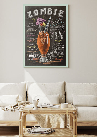 Zombie Vintage Cocktail Recipe Poster & Canvas Print | Chalkboard Tiki Bar Wall Art