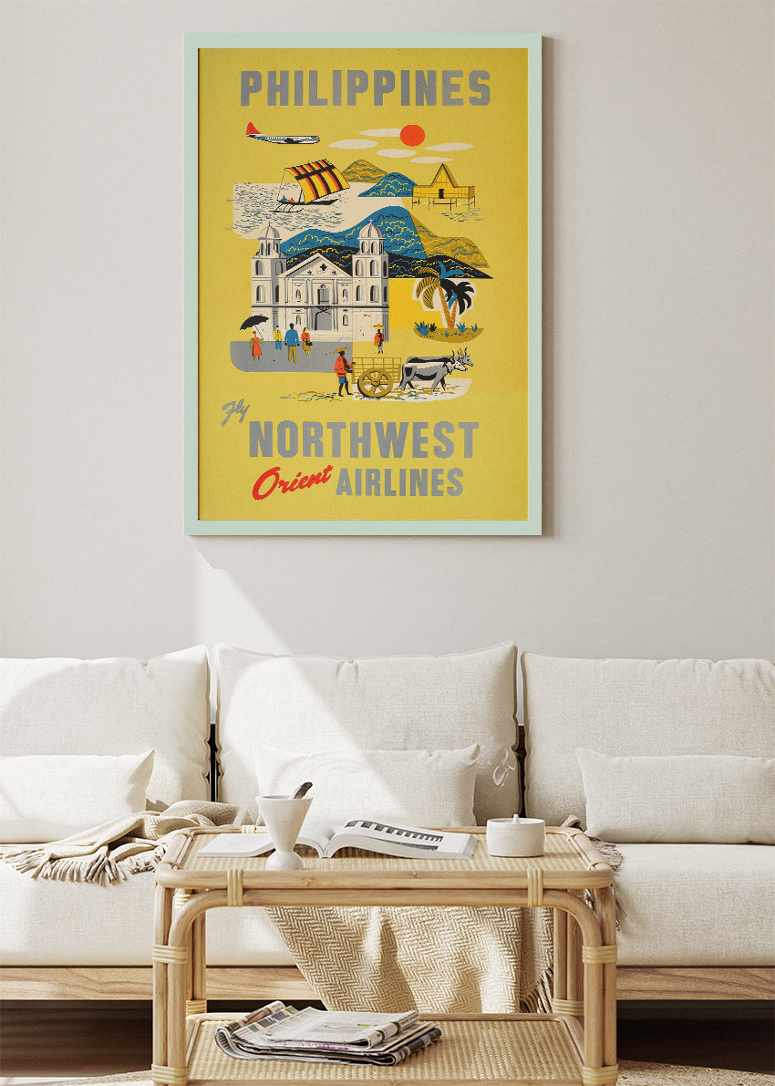 Philippines Vintage Travel Poster & Canvas Print – Northwest Orient Airlines Retro Illustration – Mid-Century Art