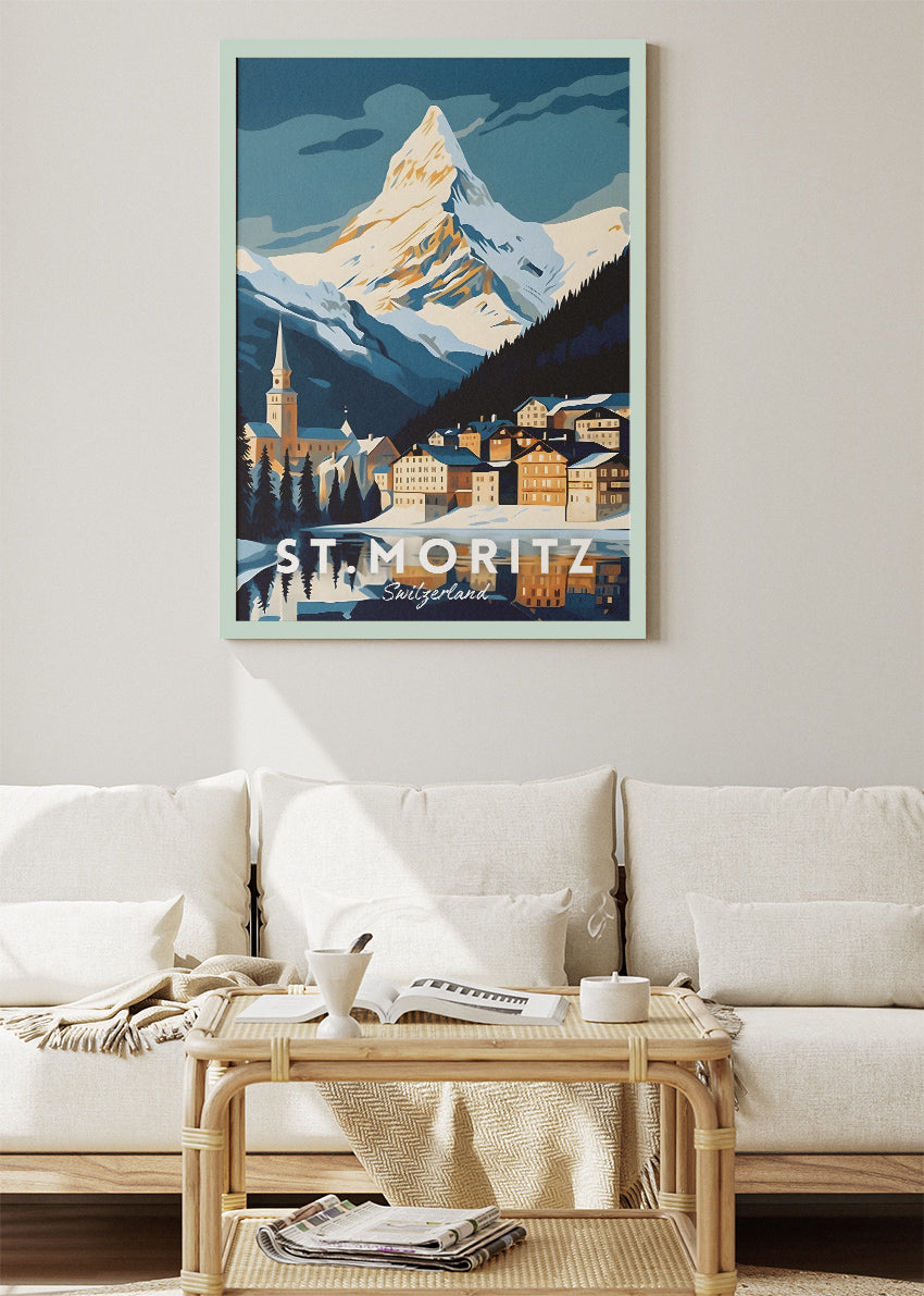 St. Moritz Switzerland Poster & Canvas Print – Illustrated Alpine Mountain Travel Art