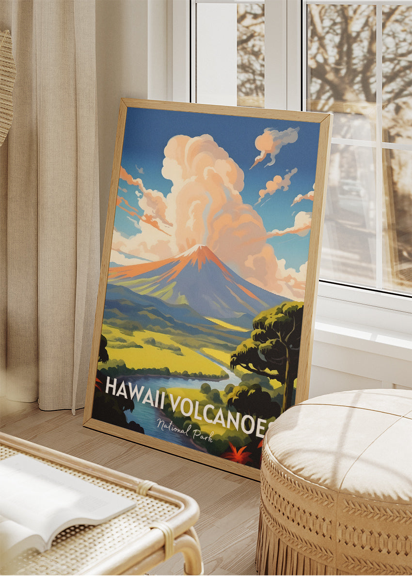 Hawaii Volcanoes National Park Poster & Canvas Print – Illustrated Volcano Landscape Art