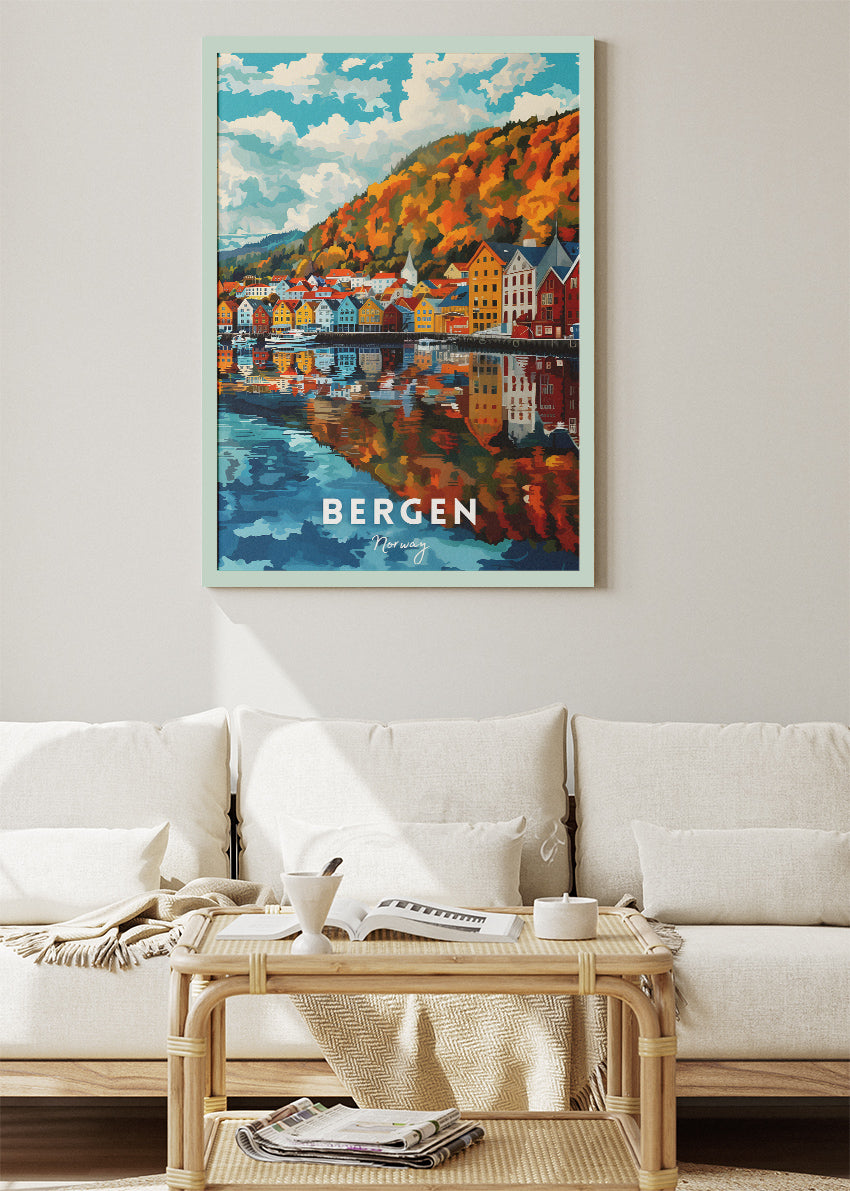 Bergen Norway Poster & Canvas Print – Colorful Waterfront Illustration