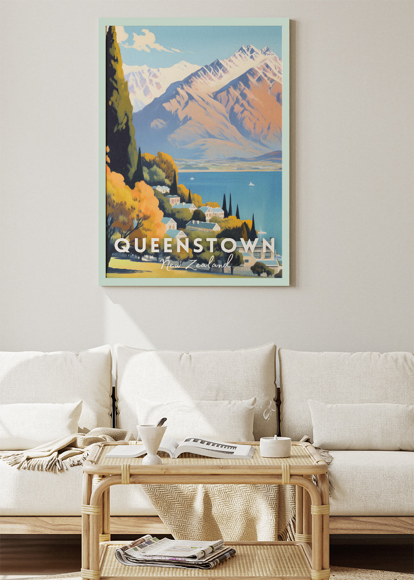 Queenstown New Zealand Poster & Canvas Print – Illustrated Alpine Lake Landscape Art