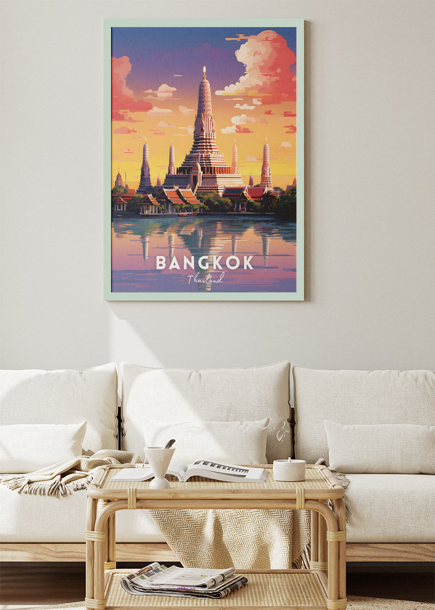 Bangkok Thailand Poster & Canvas Print – Vintage Wat Arun Sunset Travel Art