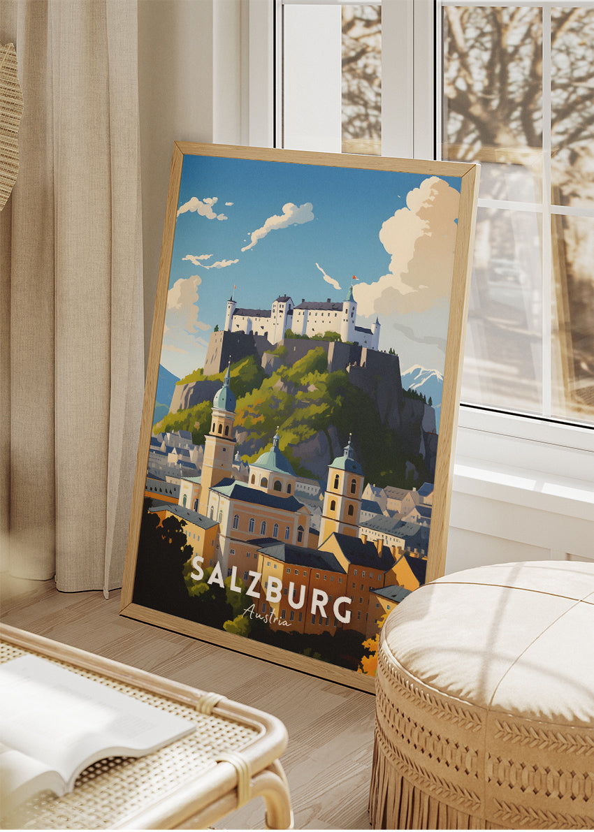 Salzburg Austria Travel Poster & Canvas Wall Art – Fortress & Old Town Landscape Illustration