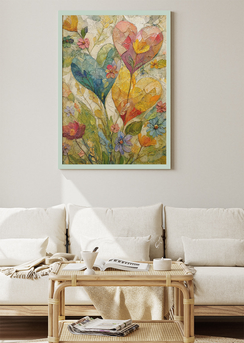 Floral Heart Wall Art – Colourful Botanical Love Canvas Print & Romantic Nature Statement Poster for Living Room Decor UK