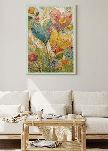Floral Heart Wall Art – Colourful Botanical Love Canvas Print & Romantic Nature Statement Poster for Living Room Decor UK