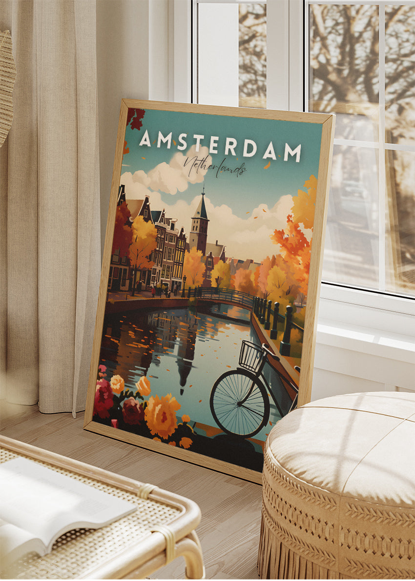 Amsterdam Canal Bridge Poster & Canvas Print – Autumn Flowers Holland Art