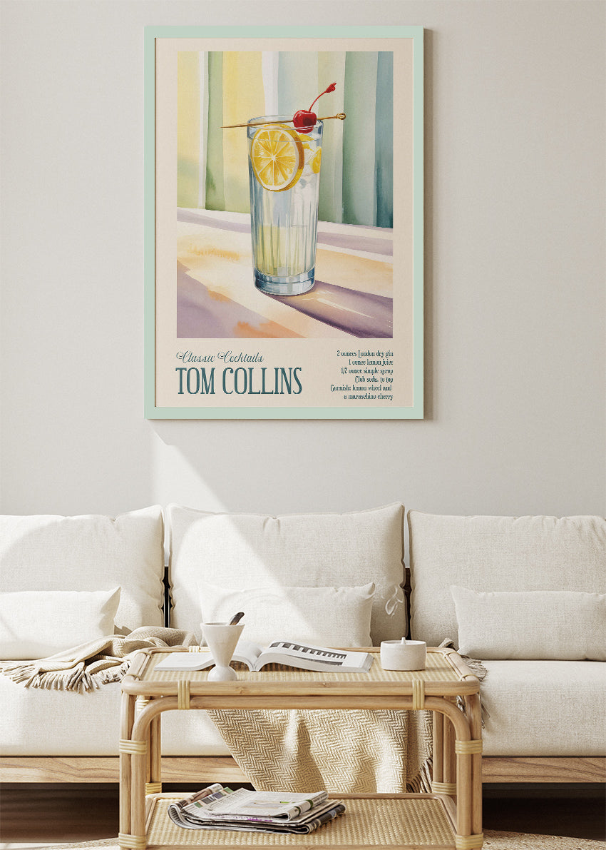 Tom Collins Classic Cocktail Poster & Canvas Print | Vintage Bar Wall Art