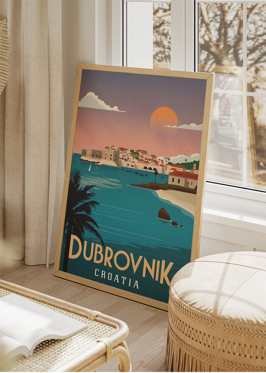 Dubrovnik Croatia Travel Poster & Canvas Print – Sunset Coastal Illustration Wall Art