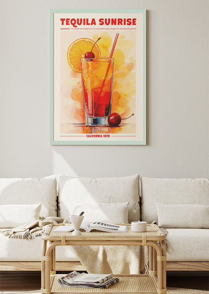 Tequila Sunrise Vintage Cocktail Poster & Canvas Print | Retro Bar Wall Art