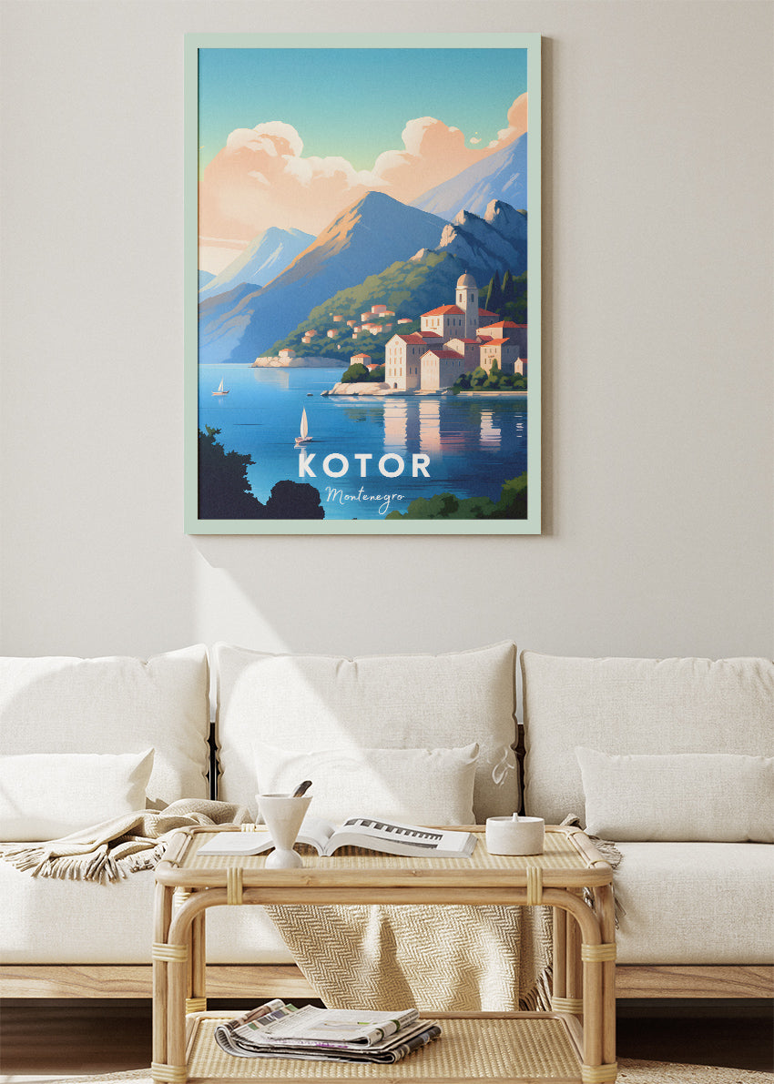 Kotor Montenegro Poster & Canvas Print – Illustrated Bay & Old Town Coastal Art