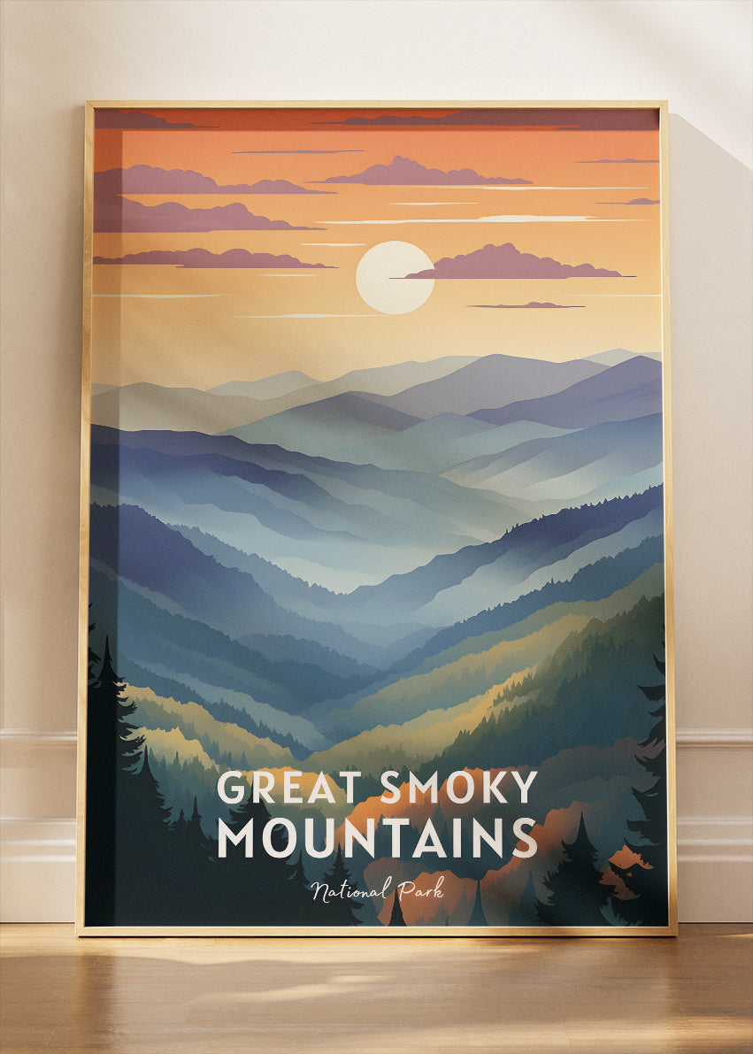 Great Smoky Mountains National Park Travel Poster & Canvas Wall Art – Misty Mountain Landscape Print