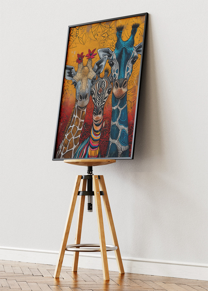 Giraffe & Zebra Trio Canvas Print & Poster – Colourful Safari Wall Art