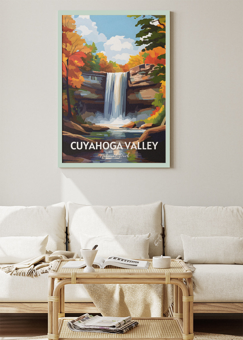 Cuyahoga Valley National Park Poster & Canvas Print – Illustrated Waterfall & Autumn Forest Wall Art