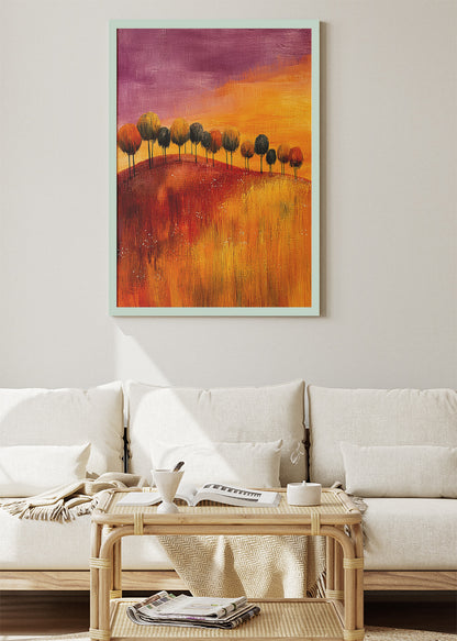 Abstract Sunset Hills Wall Art – Warm Orange Landscape Canvas Print & Modern Minimal Tree Poster for Living Room Decor UK