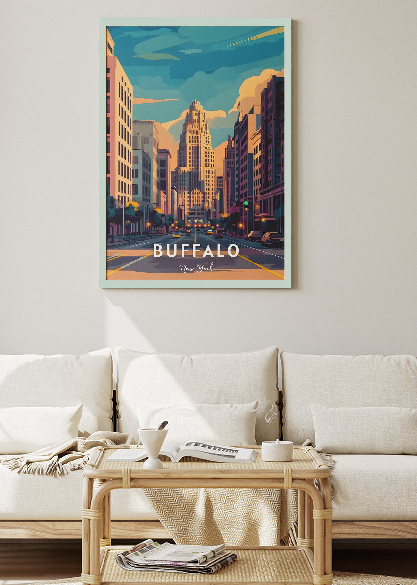 Buffalo New York Poster & Canvas Print – Retro Downtown Cityscape Illustration