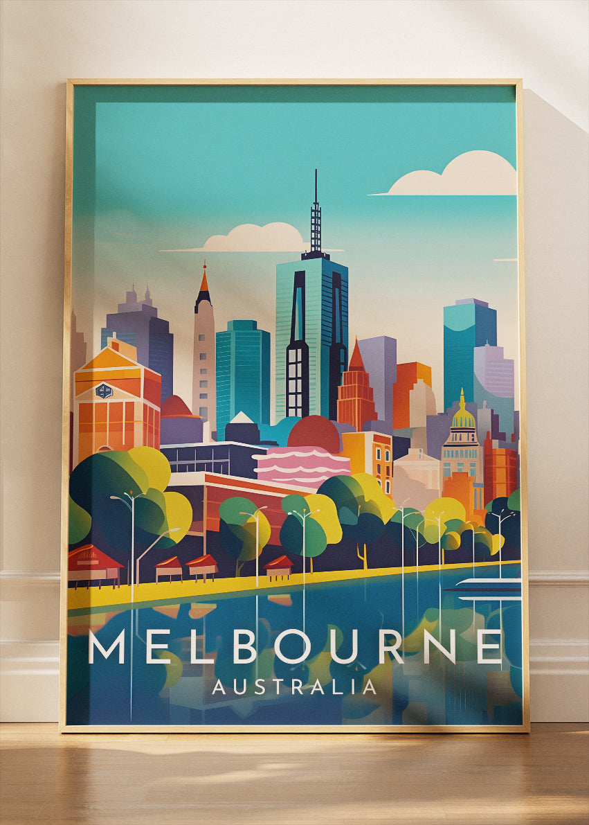 Melbourne Australia Travel Poster & Canvas Wall Art – Modern City Skyline Print