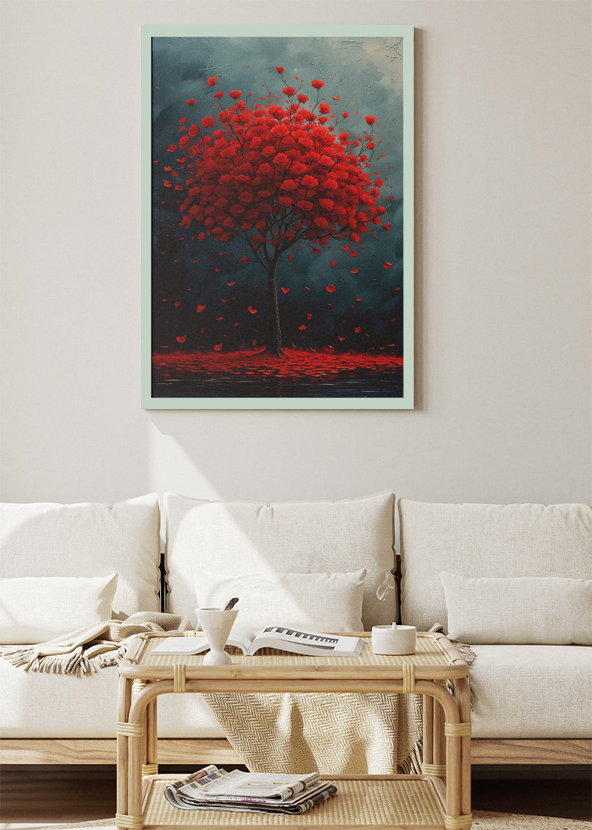 Red Rose Tree Wall Art – Dramatic Floral Canvas Print & Moody Romantic Statement Poster for Living Room Decor UK