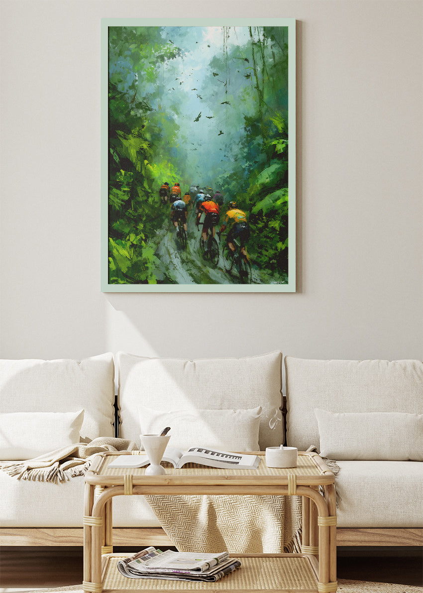 Emerald Canopy Peloton Cycling Art Print & Canvas – Deep Jungle Road Cycling Wall Art