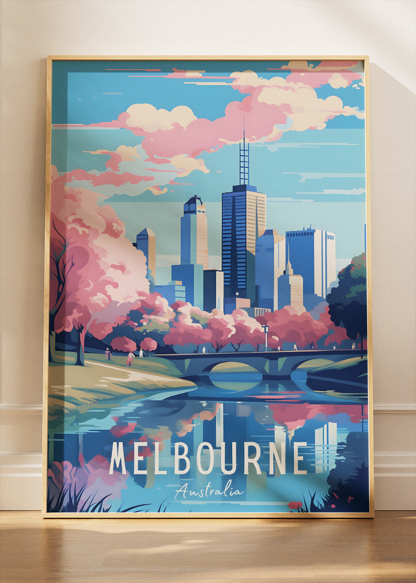 Melbourne Australia Travel Poster & Canvas Wall Art – Pink Blossoms City Skyline Print