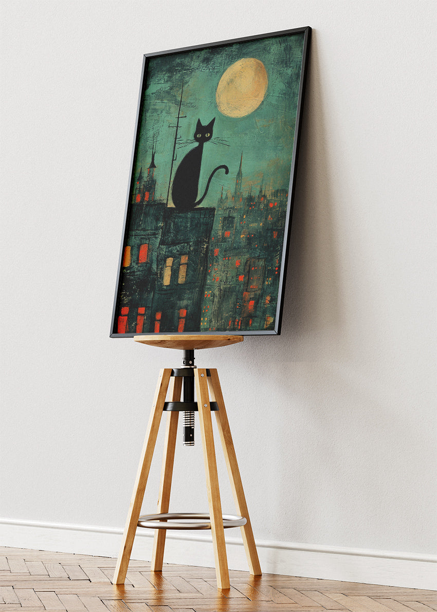 Black Cat Moonlight City Canvas Print & Poster – Night Skyline Wall Art