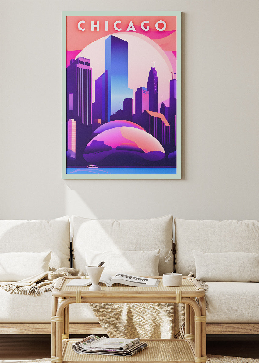 Chicago Illinois Poster & Canvas Print – Neon Skyline Futuristic Illustration