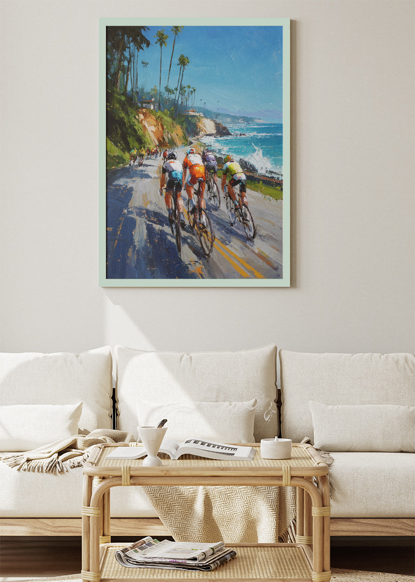 Coastal Peloton Cycling Art Print & Canvas – Ocean Road Endurance Cycling Wall Art