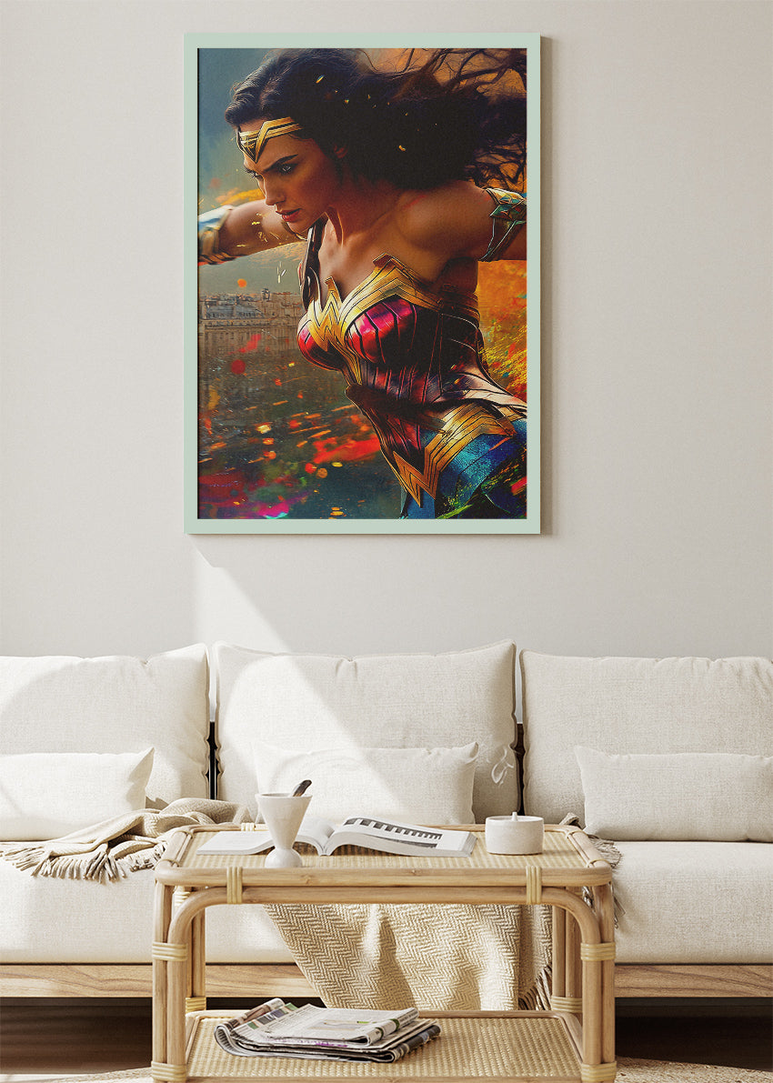 Wonder Woman – Cinematic Action Portrait Canvas & Poster Print – AI PRINT LAB