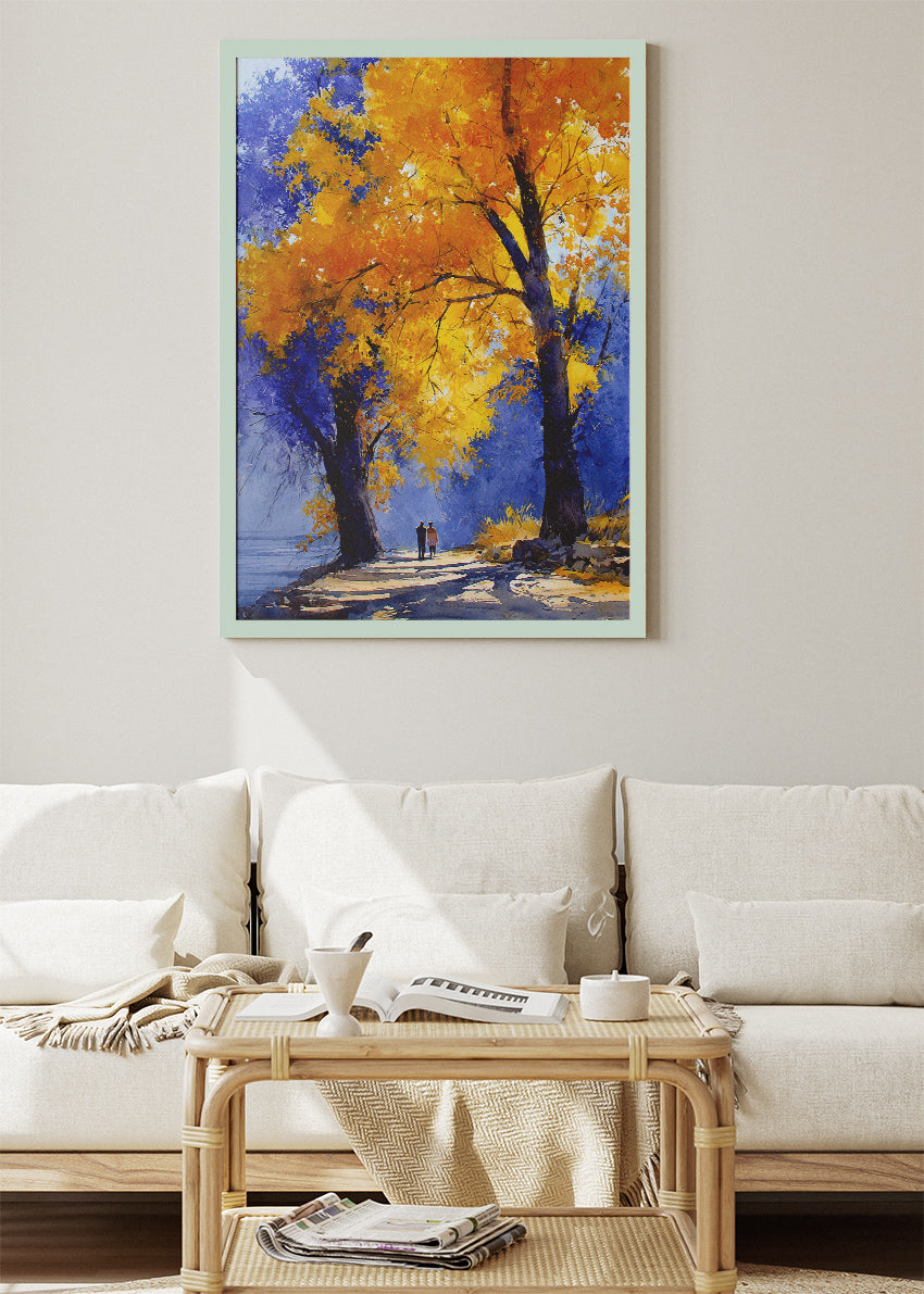 Autumn Tree Path Wall Art – Golden Fall Landscape Canvas Print & Romantic Nature Poster for Living Room Decor UK
