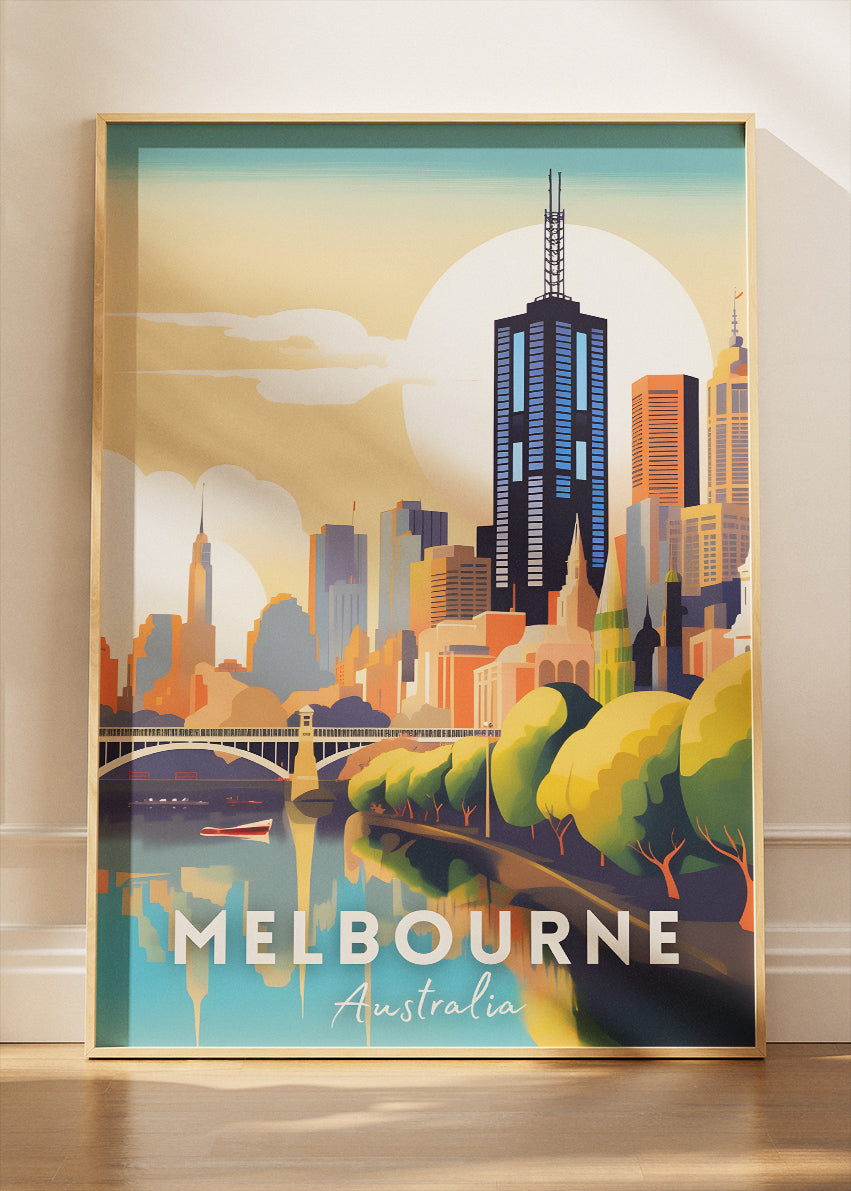Melbourne Australia Travel Poster & Canvas Wall Art – Sunset City Skyline Print