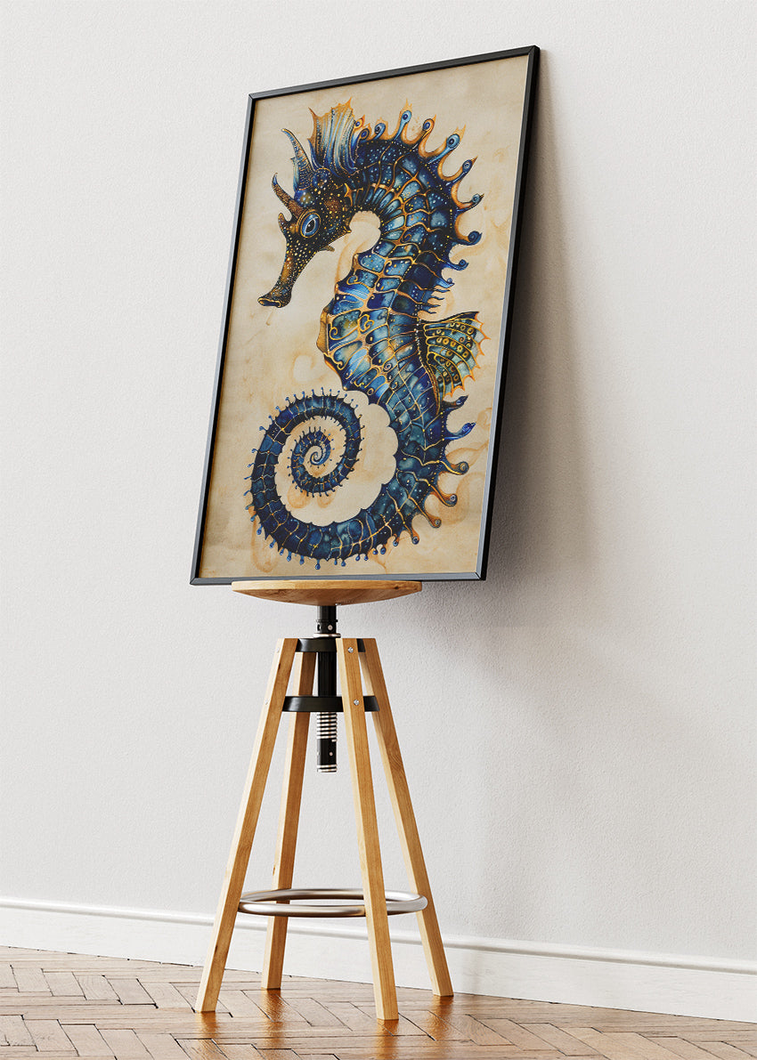 Golden Blue Seahorse Canvas Print & Poster – Elegant Ocean Animal Wall Art