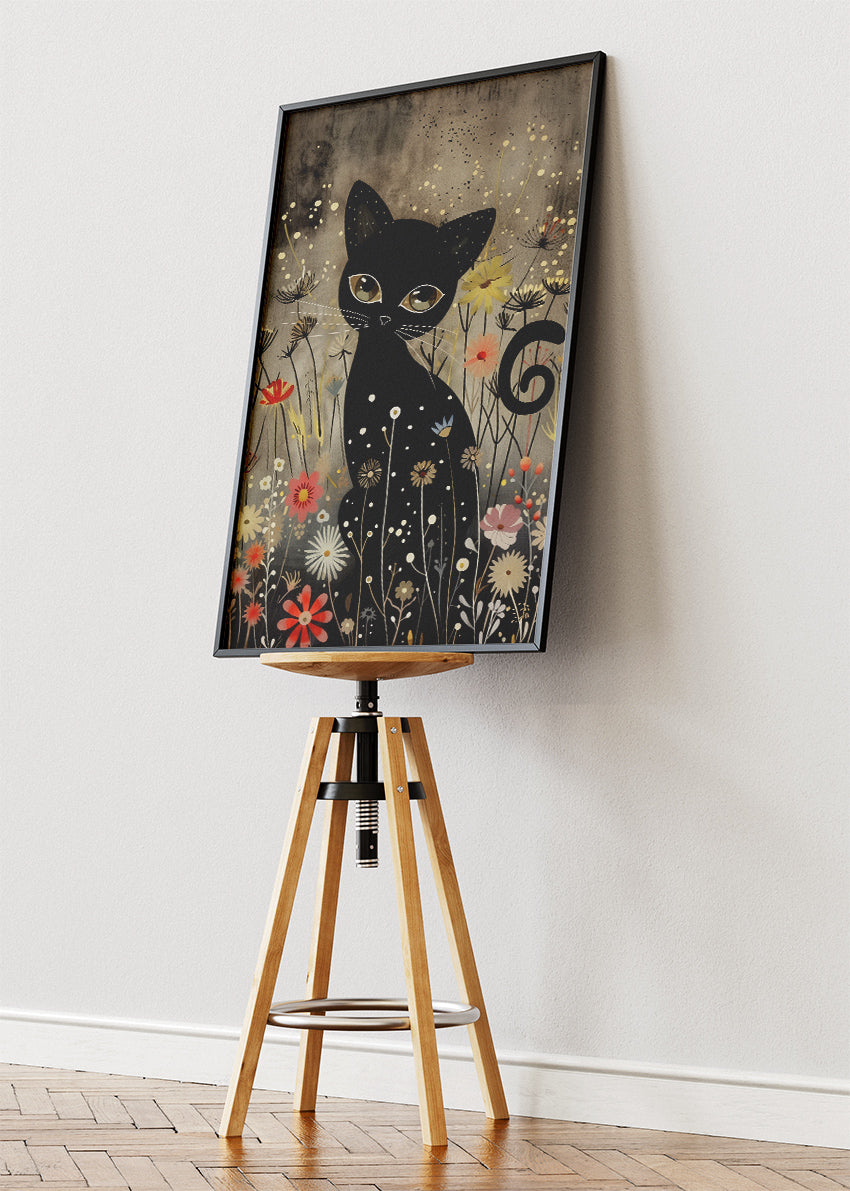 Mystical Black Cat in Wildflowers Canvas Print & Poster – Enchanted Animal Wall Art