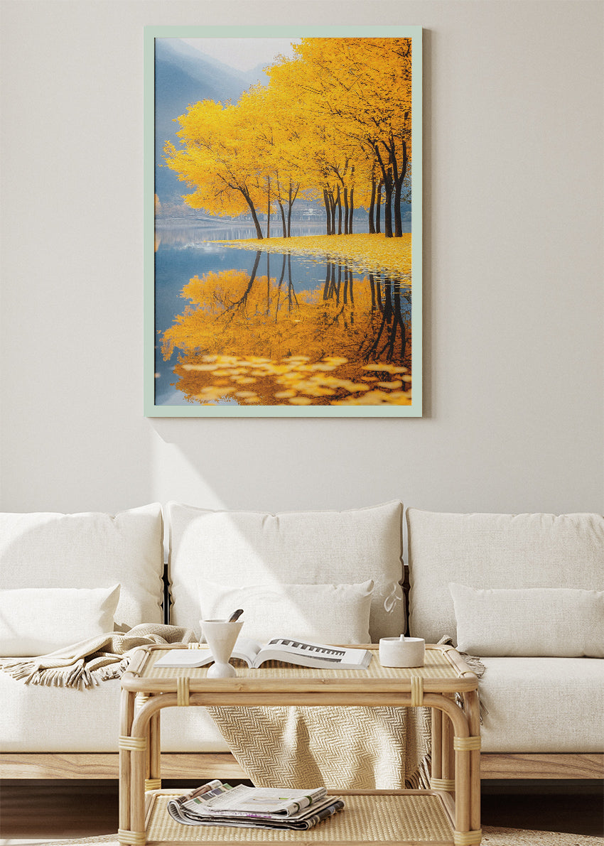 Golden Autumn Lake Wall Art – Yellow Tree Reflection Canvas Print & Serene Nature Landscape Poster UK