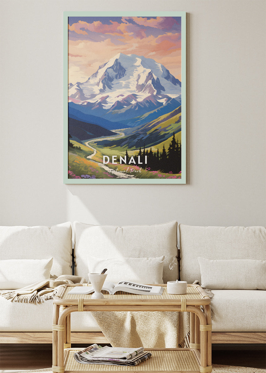 Denali National Park Poster & Canvas Print – Mountain Landscape Illustration Wall Art