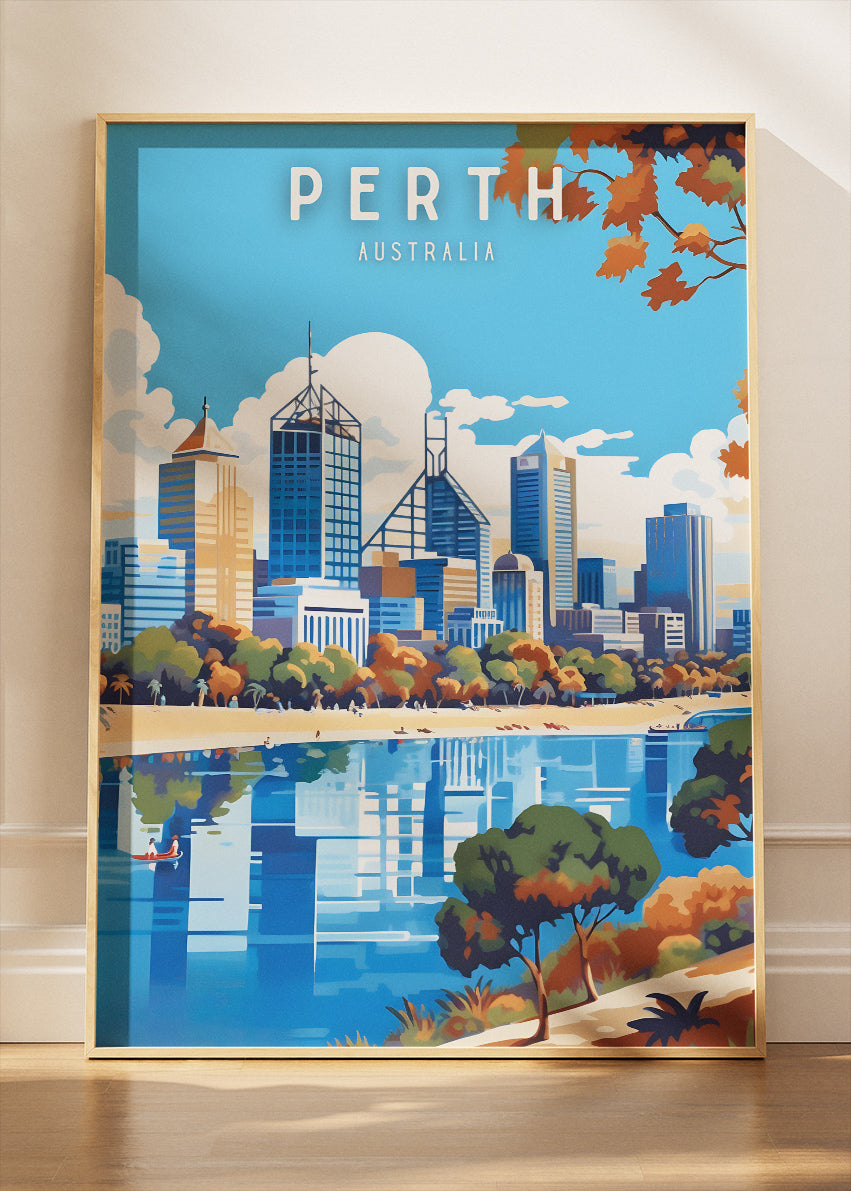 Perth Australia Travel Poster & Canvas Wall Art – Modern Skyline Illustration Print