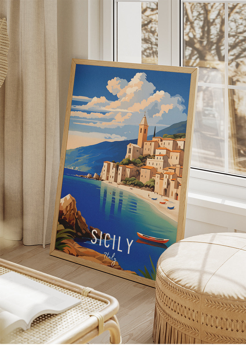 Sicily Italy Poster & Canvas Print – Illustrated Coastal Village Art