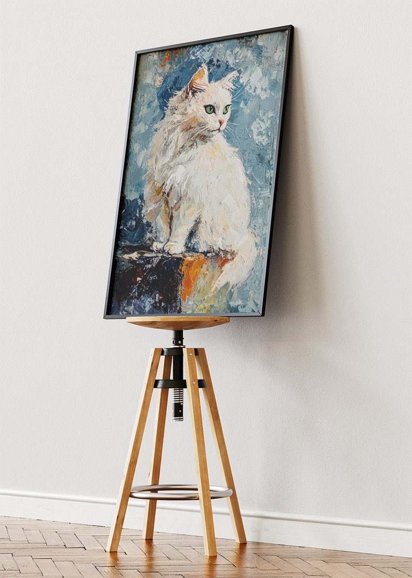 Elegant White Cat Poster & Canvas Print – Textured Oil Painting Art
