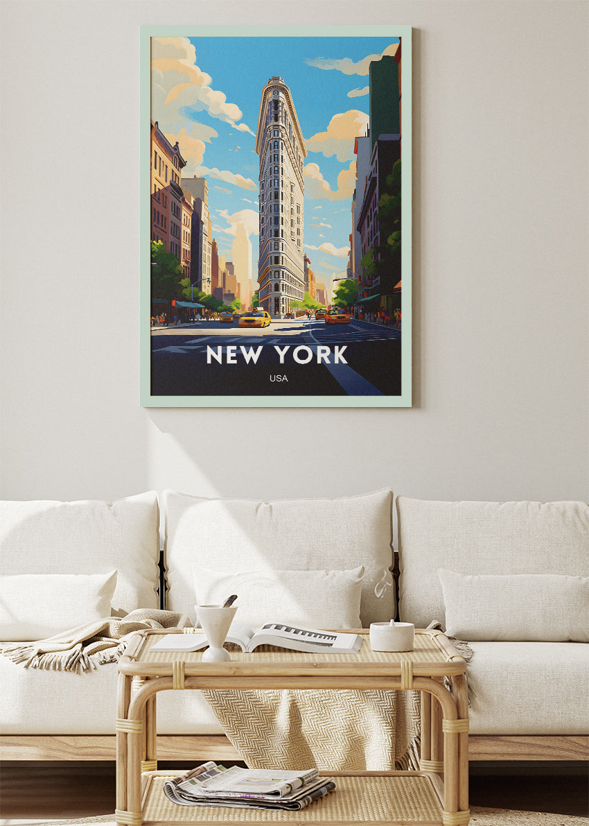 New York USA Poster & Canvas Print – Flatiron Building Cityscape Illustration