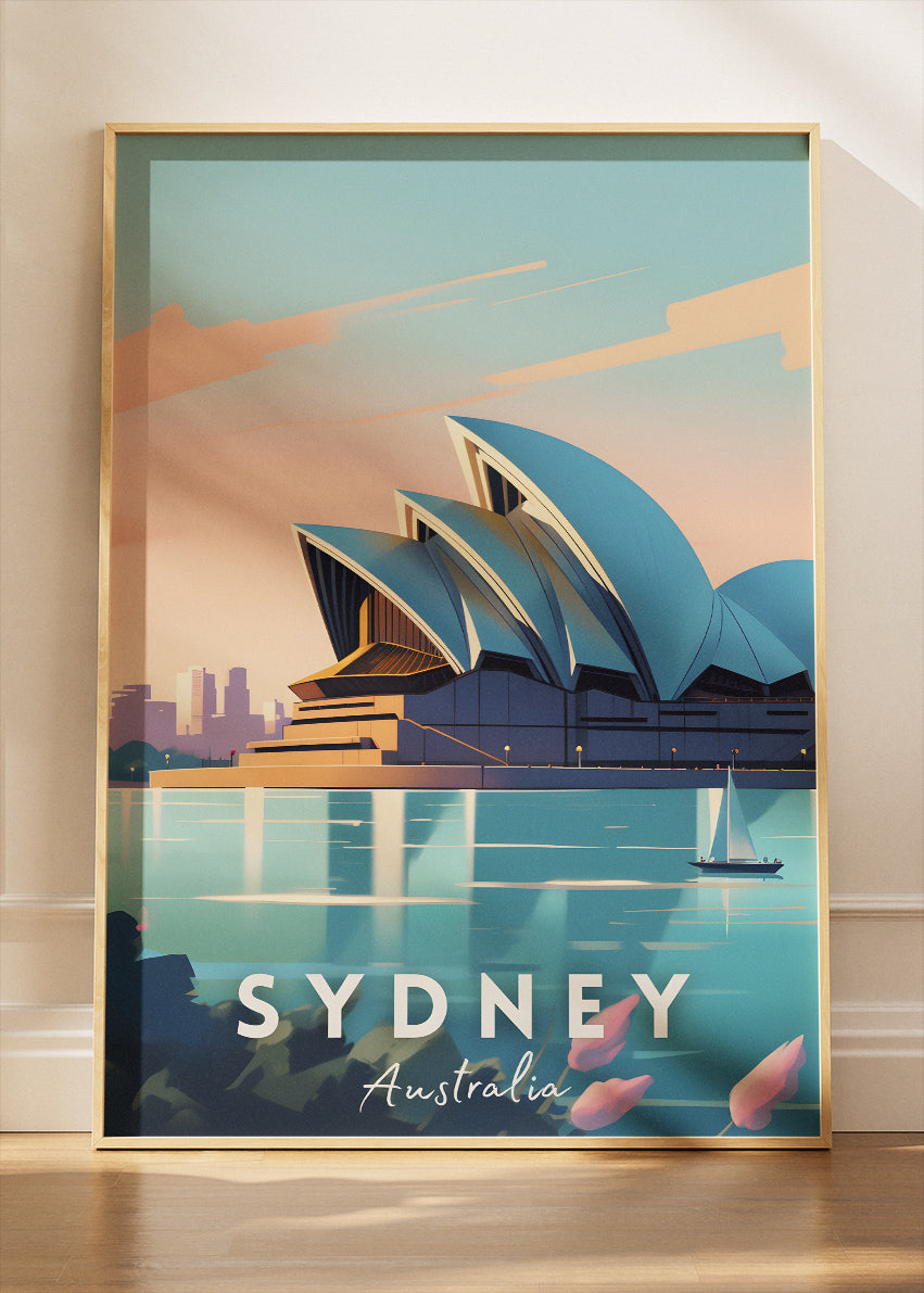 Sydney Australia Travel Poster & Canvas Wall Art – Modern Opera House Sunset Illustration Print