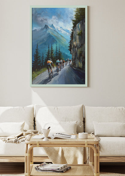 Alpine Cliffside Peloton Cycling Art Print & Canvas – Mountain Road Cycling Wall Art