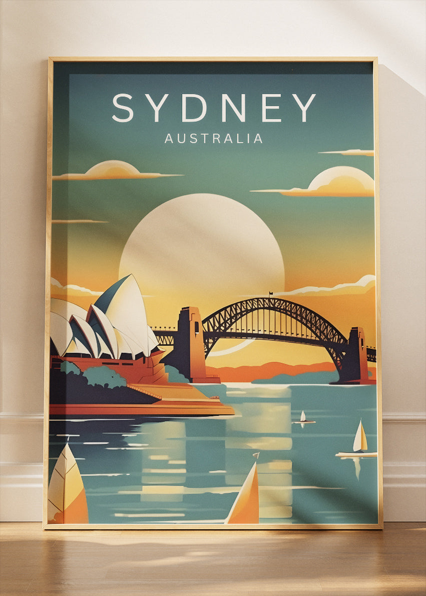 Sydney Australia Travel Poster & Canvas Wall Art – Harbour Bridge & Opera House Sunset Illustration Print